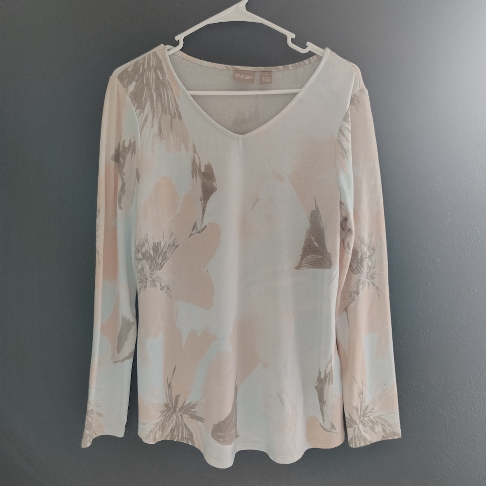 Chico's Soft Abstract Floral Pastel Long Sleeve Top